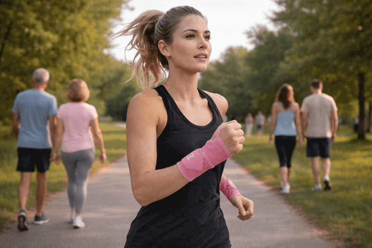 Femme courant avec une attelle de poignet pendant des activités sportives, illustration de pourquoi utiliser une attelle de poignet lors d'activités sportives.
