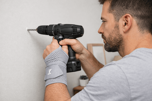 homme qui perce un mur avec une attelle de poignet grise