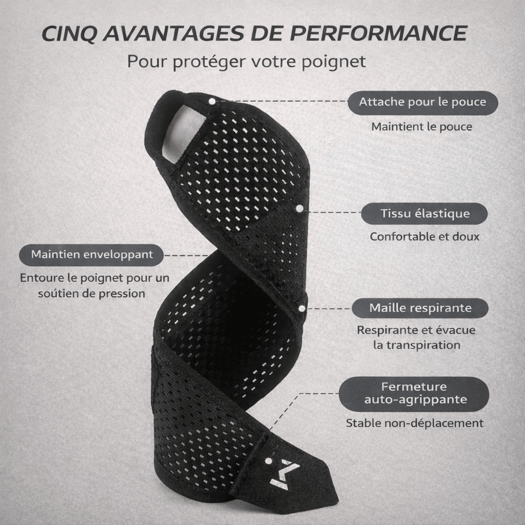 Attelle de poignet réglable et respirante avec avantages de performance pour soutien et maintien