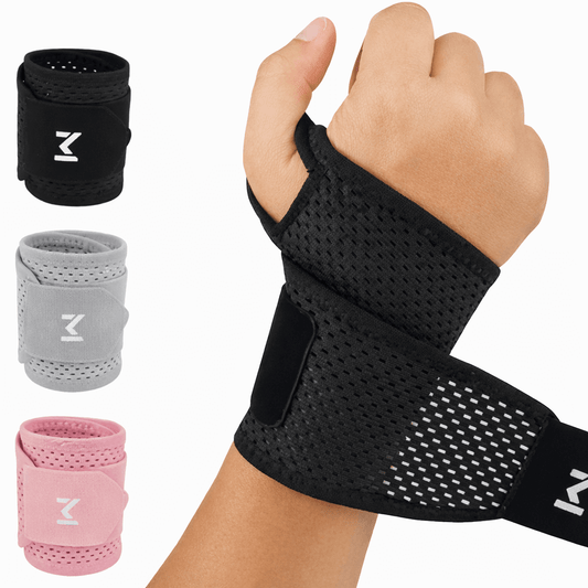 Attelle de poignet réglable et respirante en noir, gris et rose, pour confort et maintien du poignet.