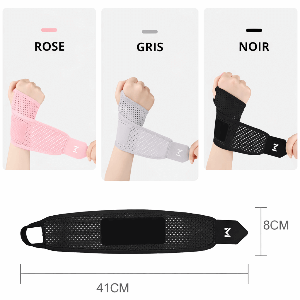 Attelle de poignet réglable et respirante disponible en rose, gris et noir, offrant confort et stabilité.