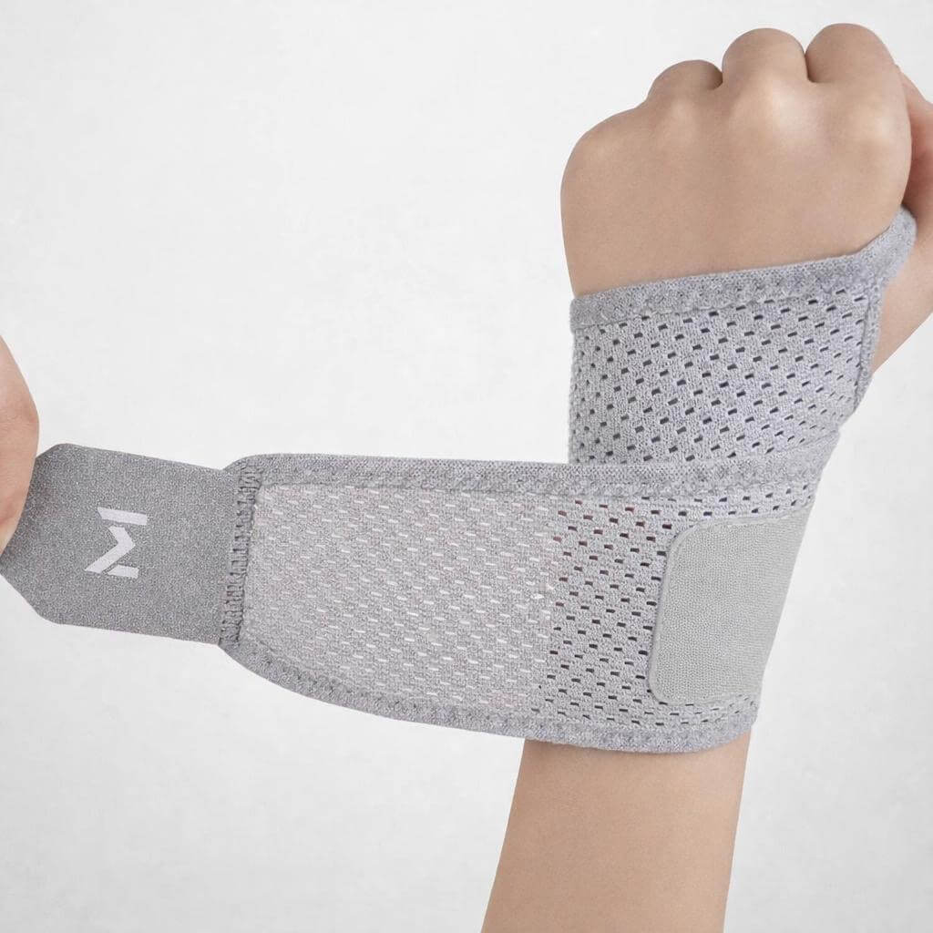 Attelle de poignet réglable et respirante mise en place sur un poignet pour confort et soutien.