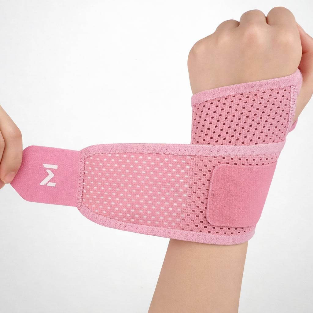 Attelle de poignet réglable et respirante rose sur une main, offrant maintien et confort pour le sport et le quotidien.