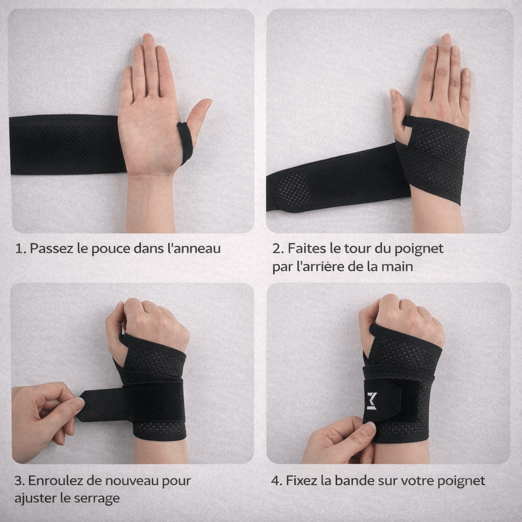 Attelle de poignet réglable et respirante - Instructions de mise en place en quatre étapes