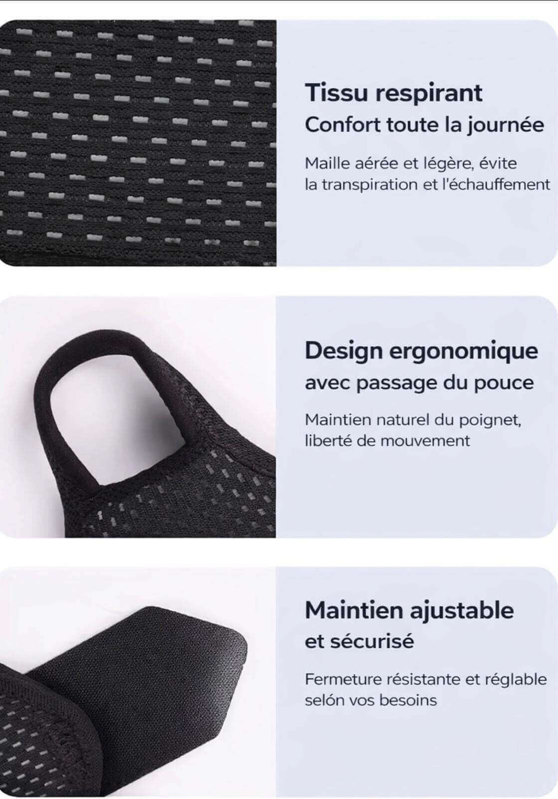 Attelle de poignet réglable et respirante avec tissu respirant et design ergonomique pour un confort optimal.